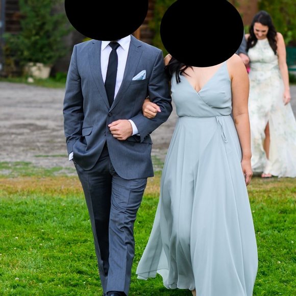 Jenny Yoo Women's James Wrap Long Chiffon Gown, Morning Mist, Sz 2 - Picture 2 of 6